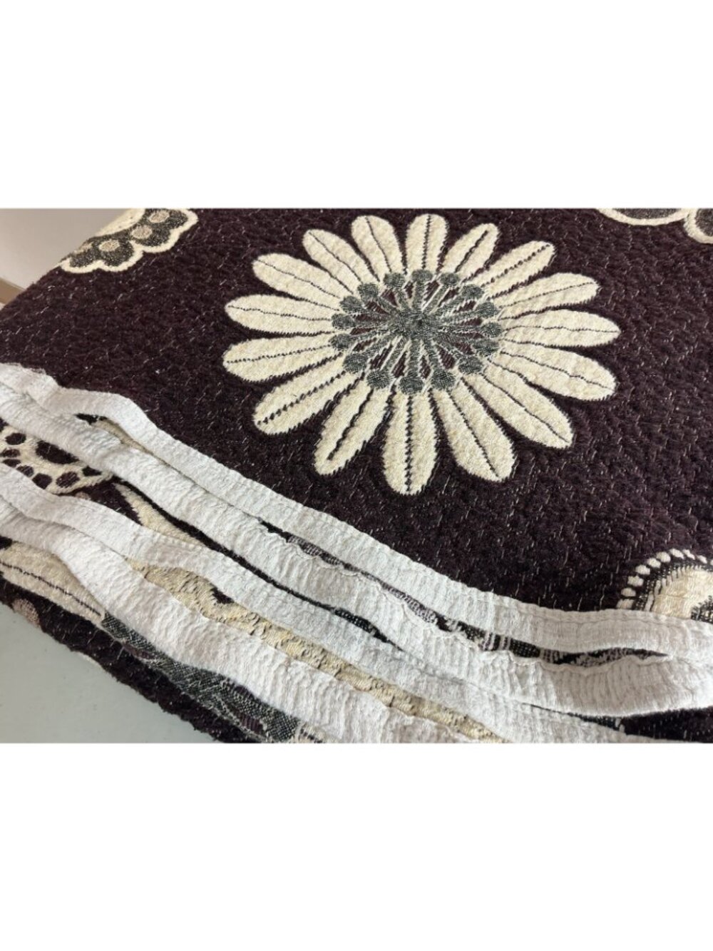 Vintage Quilted Coverlet Retro Floral Brown Ivory MCM Reversible - Picture 5 of 8